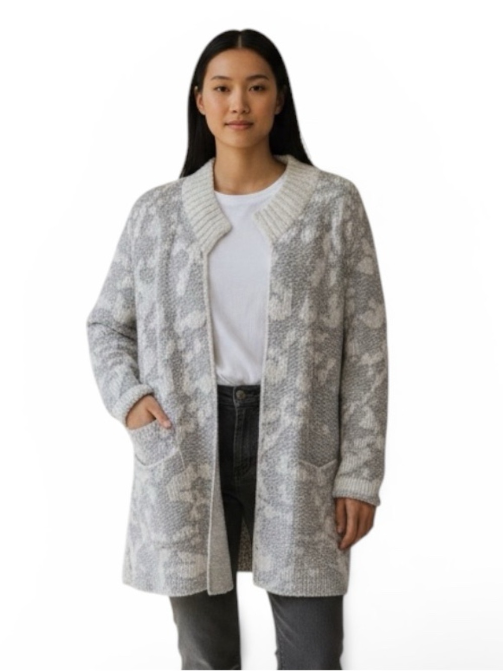 Eileen Fisher Organic Cotton Open-Front Women's Cardigan, Light Gray & White, M